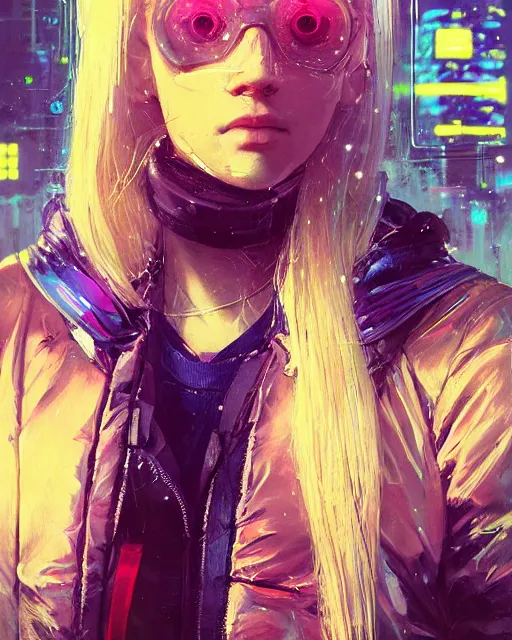 Prompt: detailed portrait neon operator girl, long blonde hair, cyberpunk futuristic, reflective puffy coat, decorated with traditional japanese by ismail inceoglu dragan bibin hans thoma greg rutkowski alexandros pyromallis nekro rene margitte, illustrated, perfect face, fine details, realistic shaded, fine - face, beautiful face