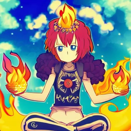 Image similar to fluffy popcorn anime character with a smiling face and flames for hair, sitting on a lotus flower, clean composition, symmetrical