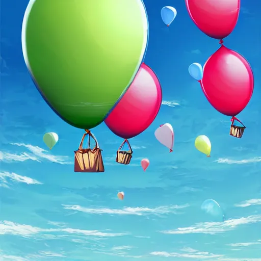 Image similar to digital art of plenty of birthday balloons floating above the sea. artstation cgsociety masterpiece