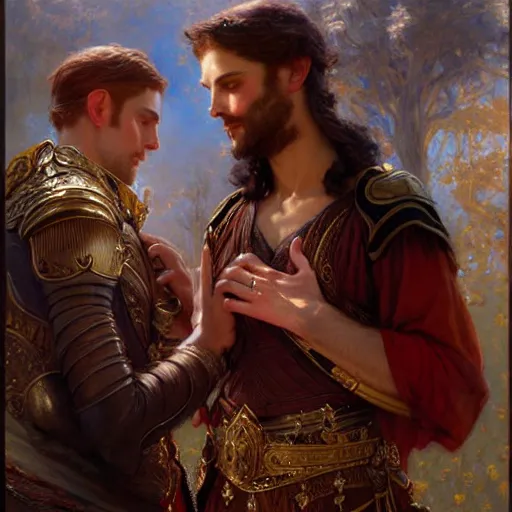 Prompt: attractive fully clothed king confesses his love for his attractive fully clothed male prince. highly detailed painting by gaston bussiere, tom bagshaw, craig mullins