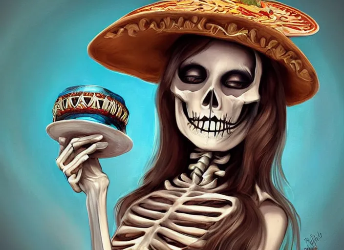 Image similar to cute & beautiful smiling undead skeleton girl wearing a sombrero, digital art, fantasy, painting, pin up, highly detailed, art by artgerm