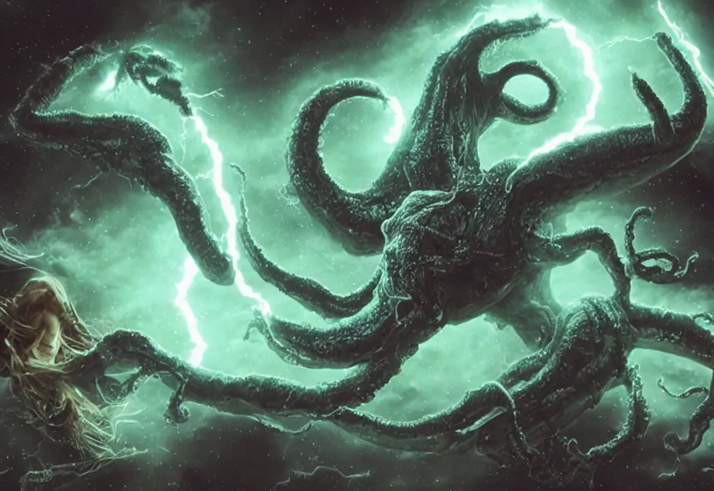 Image similar to eldritch lovecraftian monster. In Space. Realistic, cinematic lightning