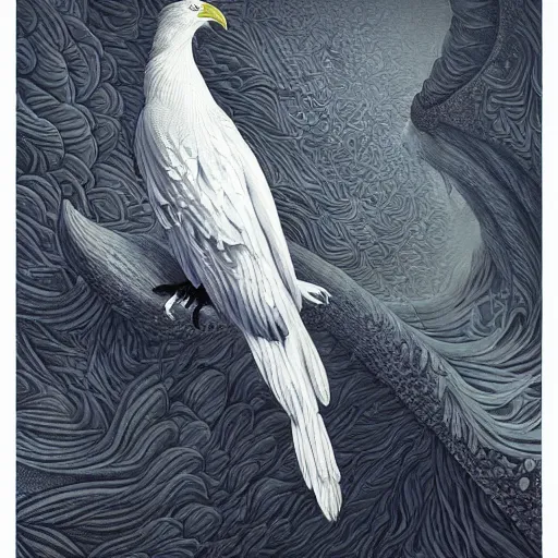 Image similar to a simple white crow painting by Android Jones and M. C. Escher collaboration, futurist, digital art, dramatic lighting