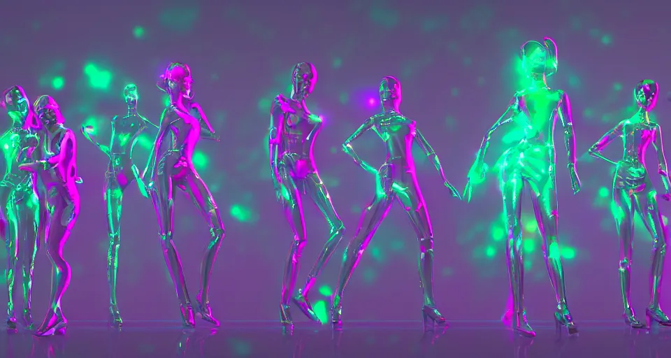 Image similar to dancing holographic girls, futuristic, silhouette, in the style of Pixar animation, very low angle view, 16mm lens, award winning, hyper detailed, dramatic lighting, artstation, octane renderer, unreal engine