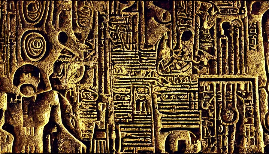 Image similar to h. r. giger hieroglyphs, hieroglyphs showing ufos alien planets, gold plate render, various refining techniques, micro macro auto focus, top photography photo art gallery, realistic photo, insane detail