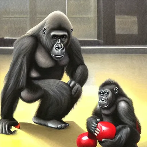 Prompt: a gorilla curling weights, training biceps at the gym, perfect high resolution, painting oil in canvas, highly detailed, trending on art station, cgsociety