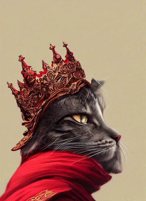 Image similar to side profile of a cat king wearing a crown and red robes, fantasy, digital painting, volumetric light, intricate, sharp, focus, bloom, illustration, highly detailed, concept art, matte, ruan jia, randy vargas, greg rutkowski