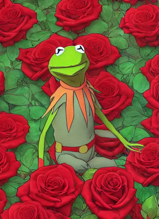 Image similar to kermit posing on a bed colorful red roses, path traced, highly detailed, high quality, digital painting, by studio ghibli and alphonse mucha, leesha hannigan, makoto shinkai, disney