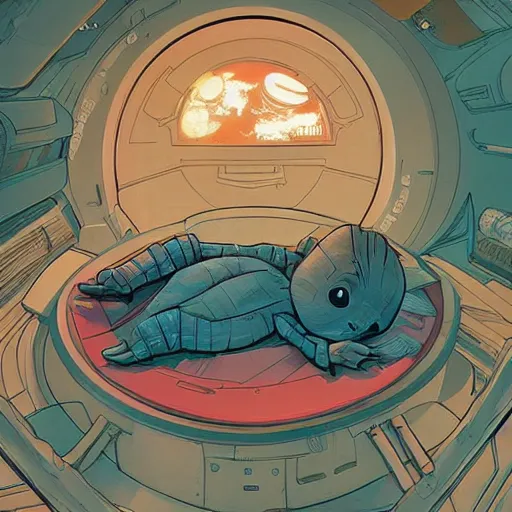 Image similar to baby groot lies completely flat in bed the space ship, by victo ngai