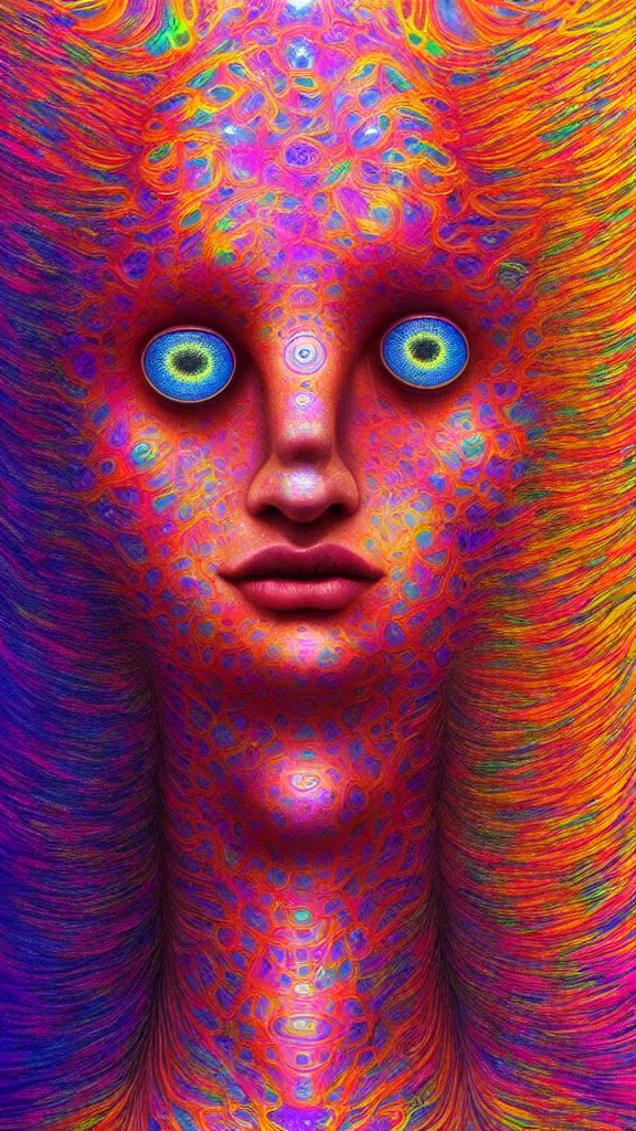 Image similar to hyperrealistic abstract close-up female portrait Renaissance psychedelic!! celestial happy! pure creature!! peaceful! kind spirit of nature! beautiful fractal!! eyes! highly detailed concept art eric zener elson peter cinematic hard rainbow lighting high angle hd 8k sharp shallow depth of field endless, inspired by Zdzisław Beksiński Salvador Dali