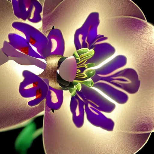 Image similar to an orchid flower, made of metal, cybertronic, reflective, glowing, unreal engine