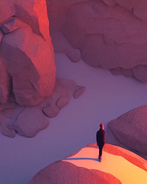 Image similar to a man standing in the middle of a mountain looking at a glowy shape, a render by filip hodas, behance contest winner, environmental art, rendered in cinema 4 d, volumetric lighting