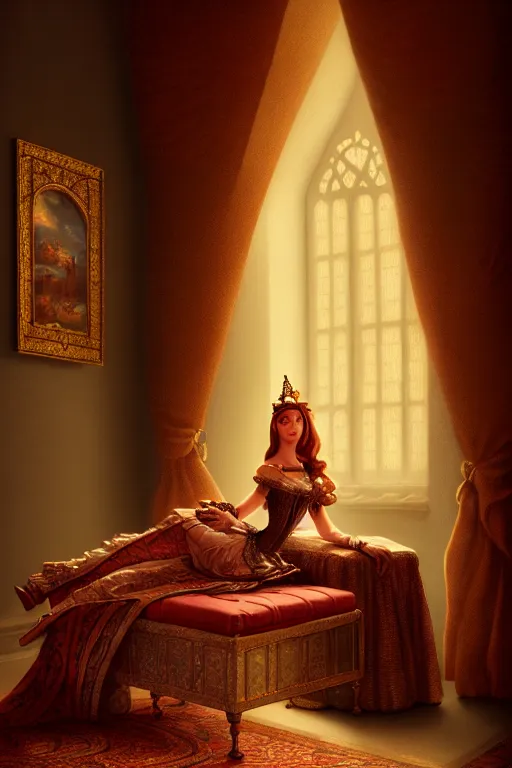 Image similar to insanely detailed painting of a beautiful lady in a castle on an ottoman, in the style of peter morbacher, dramatic lighting and composition, octane rendering, pixar, trends on artstation, concept art