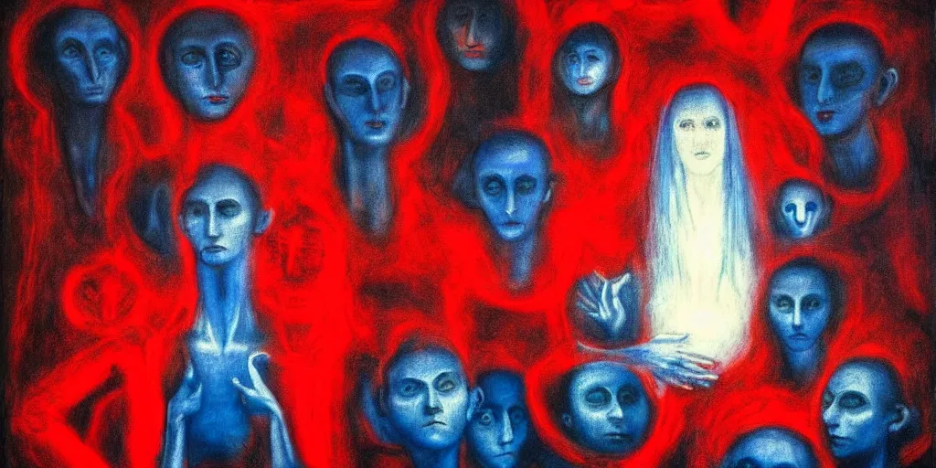 Prompt: only with blue ney motogrosso in love with a red demon, too many mouths and faces in all directions in hoc signo vinces forest in the style of leonora carrington gottfried helnwein intricate composition, blue light by rembrandt insanely quality highly detailed masterpiece red light