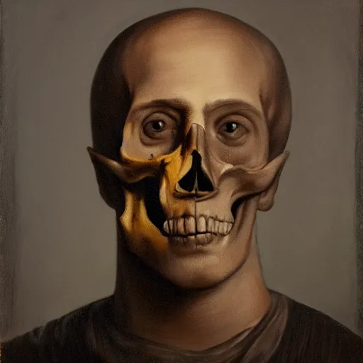 Image similar to a portrait painting of a man with a skull as his head, in the style of stephen gibb, 4 k,