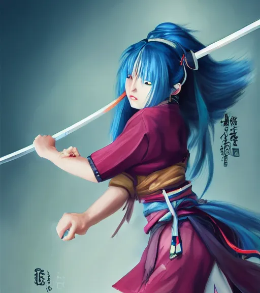 Prompt: a girl with blue hair holding a katana, samurai outfit, japanese clothes, ponytail, action shot, highly detailed, digital painting, artstation, concept art, smooth, sharp focus, kunoichi, illustration