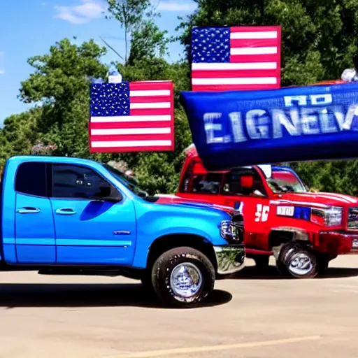 Prompt: photo of big blue biden pickup trucks with american flags on them.