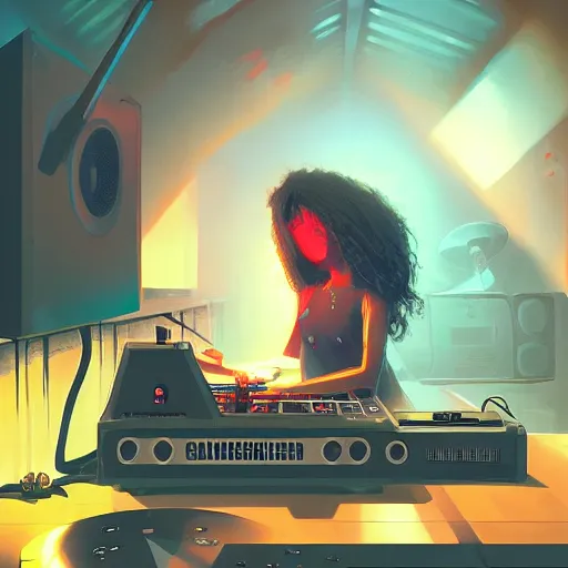 Image similar to hand drawn cute hardcore music dj, playing music for online streaming, detailed face, concept art, low angle, high detail, warm lighting, volumetric, godrays, vivid, beautiful, trending on artstation, by jordan grimmer, huge scene, art greg rutkowski