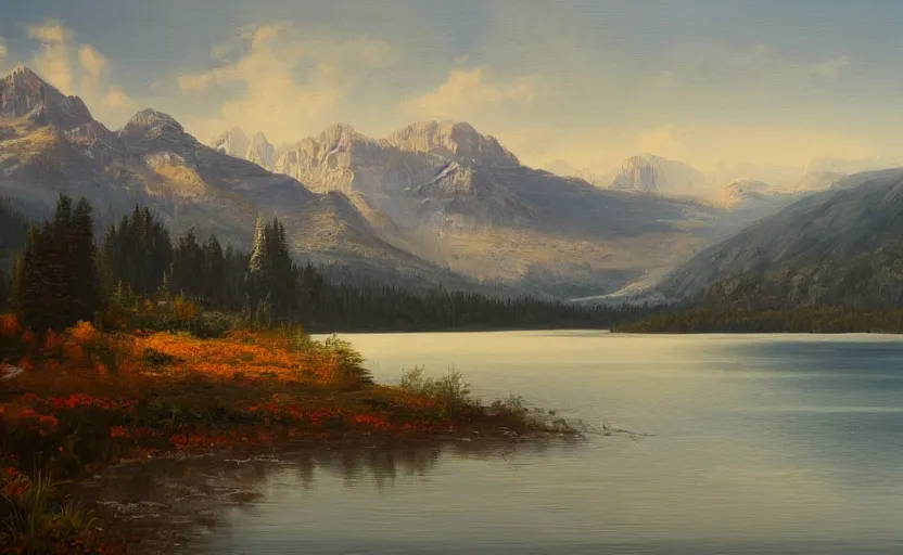 Image similar to a beautiful lake with mountains in the background, oil painting, trending on artstation, highly detailed