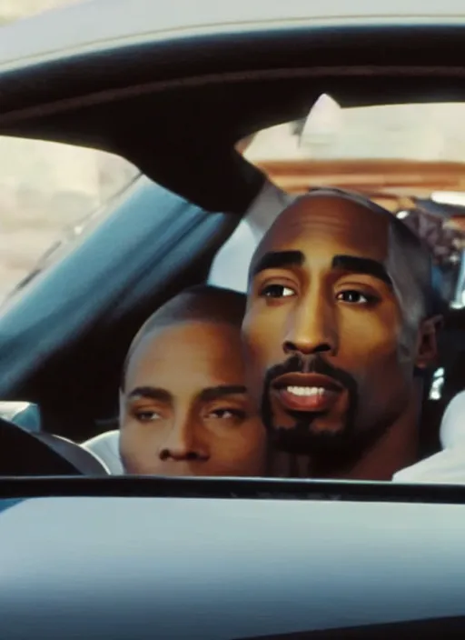 Image similar to film still of Tupac sitting inside a black bmw in las vegas with kim kardashian, 4k