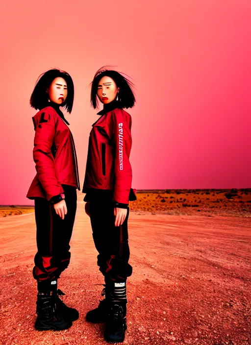 Image similar to photographic portrait shot on cinestill 5 0 d of two loving clones, techwear women on a desolate plain with a red sky, diverse, in front of a brutalist dark metal facility, dust storm, 3 5 mm, 8 k, depth of field, high resolution, ultra realistic faces