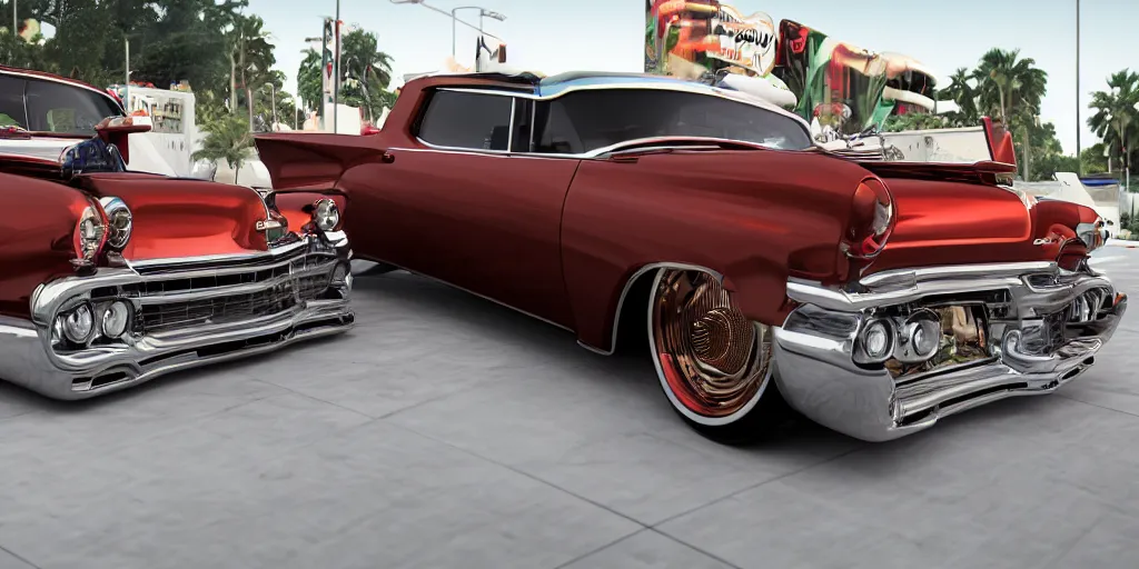 Image similar to highly detailed photo of an award winning lowrider, cruising at a car show, car bounce, air suspension, fan girls, 8 k, octane render, unreal engine, ue 5, photoshop, maya, ray tracing