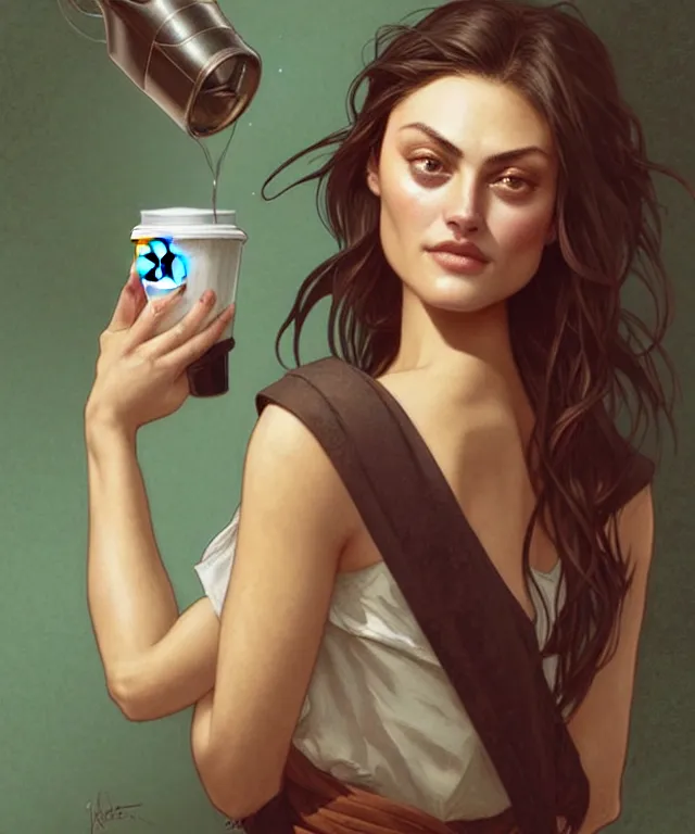 Image similar to Phoebe Tonkin as a very happy starbucks barista, portrait, intricate, elegant, highly detailed, digital painting, artstation, concept art, smooth, sharp focus, illustration, art by artgerm and greg rutkowski and alphonse mucha