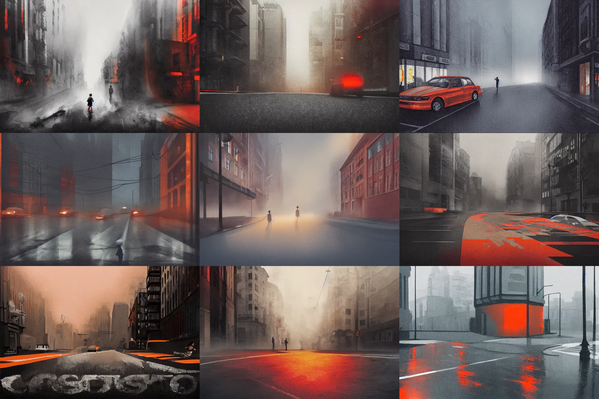 Prompt: street level cityscape,, editorial illustration by karolis strautniekas and mads berg, liquid clouds, fog, child playing in the road, red orange blue beige, fine texture, detailed, muted colors, film noir, dramatic lighting, dynamic composition, vivid, matte print, wide angle, ( ( sunbeams ) ), moody, extreme perspective, remote work