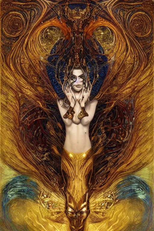 Prompt: Intermittent Chance of Chaos Muse by Karol Bak, Jean Deville, Gustav Klimt, and Vincent Van Gogh, trickster goddess, enigma, Loki's Pet Project, destiny, Poe's Angel, fate, Surreality, inspiration, muse, otherworldly, fractal structures, arcane, ornate gilded medieval icon, third eye, spirals