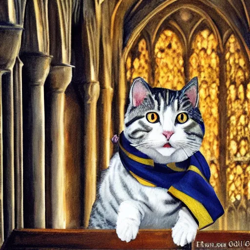 Image similar to oil painting extreme wide shot of a white and grey tabby cat wearing a hufflepuff scarf, in the Gloucester Cathedral cloisters, realistic, in the style of Harry Potter