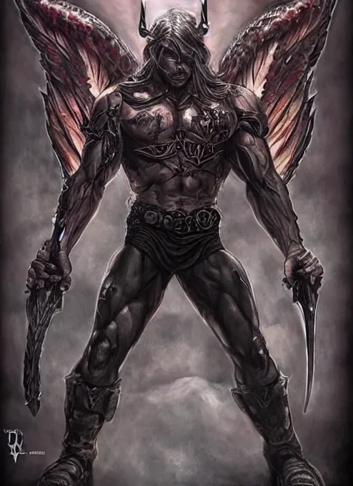 Image similar to front Sam Winchester is a muscular cyborg-angel holding swords metalic wings wide open, teared apart T-Shirt whole body tattooed with runes and satanic symbols, D&D!, fantasy style, sharp focus!, ultra detailed, art by Artgerm and Peter Andrew Jones, WLUP