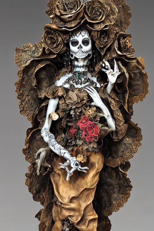 Image similar to full view of an intricate and detailed La Catrina statue made on polished bronze with scars sculpted by Bernini and Nicola Samori, style of Maxfield Parrish and Bastien Lecouffe-Deharme, ultra realistic, volumetric light