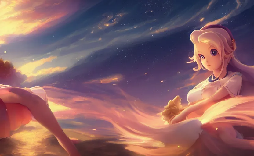 Image similar to Princess rosalina, anime painting, 3d render, hyper realistic, dramatic lighting, the sky is a nebula on fire, 8k hdr pixiv dslr photo by Makoto Shinkai ilya kuvshinov and Wojtek Fus, digital art, concept art,