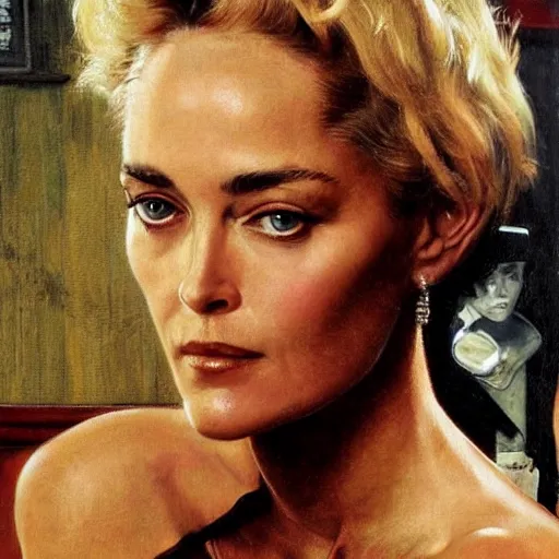 Prompt: Sharon Stone at a bar, head and shoulders portrait, extremely detailed masterpiece, Roger Deakin’s cinematography, oil on canvas, Norman Rockwell.