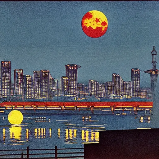 Prompt: full size moon bathing a futuristic Tokyo in light by by Hasui Kawase and Lyonel Feininger