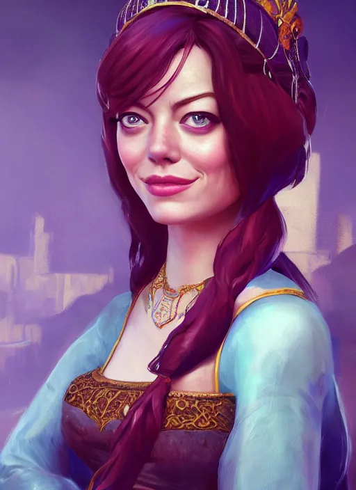 Image similar to portrait of emma stone as princess jasmine, hyper detailed, digital art, trending in artstation, cinematic lighting, studio quality, smooth render, unreal engine 5 rendered, octane rendered, art style by klimt and nixeu and ian sprigger and wlop and krenz cushart.