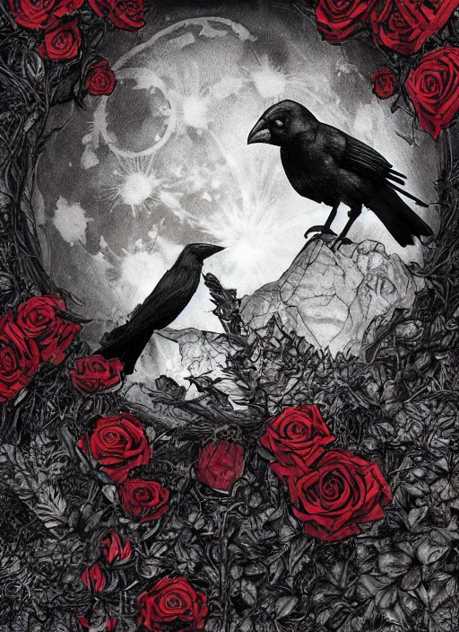 Image similar to portrait, A crow with red eyes in front of the full big moon, book cover, red roses, red white black colors, establishing shot, extremly high detail, foto realistic, cinematic lighting, pen and ink, intricate line drawings, by Yoshitaka Amano, Ruan Jia, Kentaro Miura, Artgerm, post processed, concept art, artstation, matte painting, style by eddie mendoza, raphael lacoste, alex ross