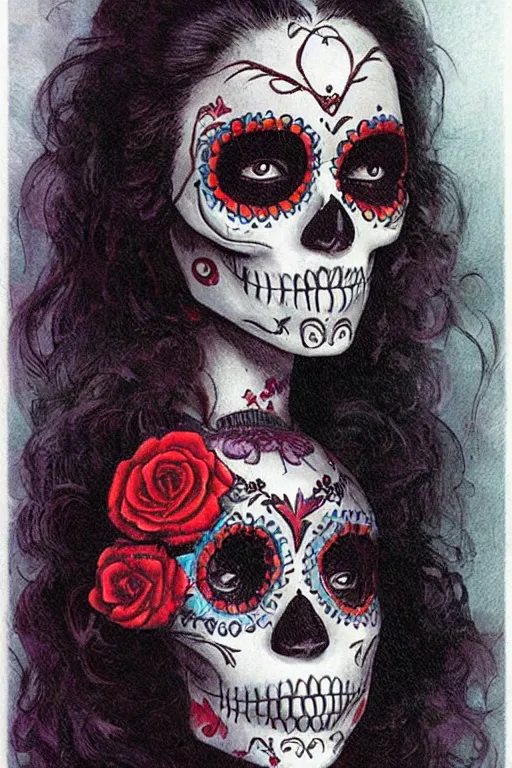 Image similar to Illustration of a sugar skull day of the dead girl, art by les edwards