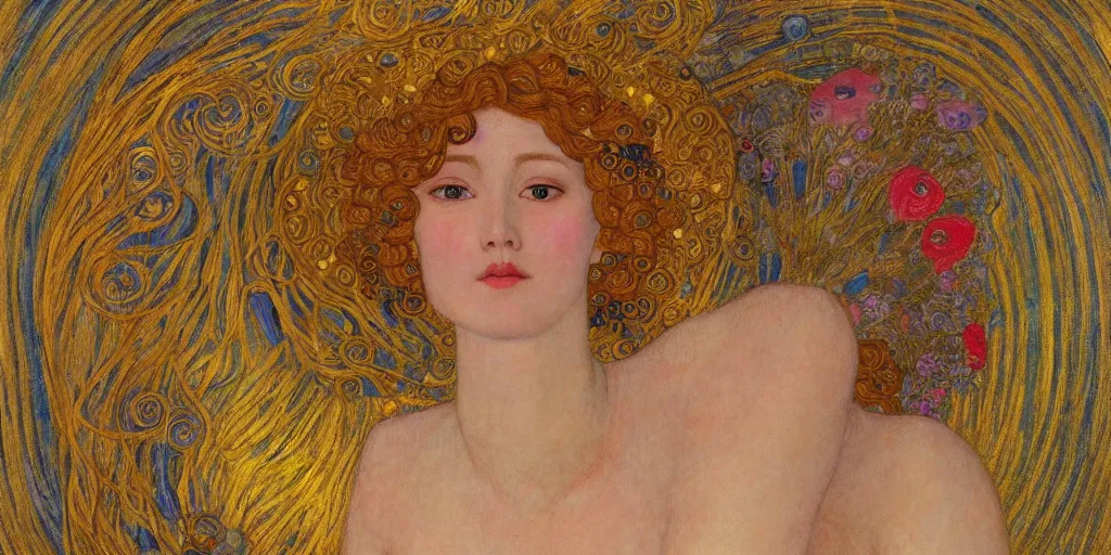 Image similar to a portrait of a very beautiful goddess with halo behind her head, in the style of WLOP and Gustav Klimt and Botticelli