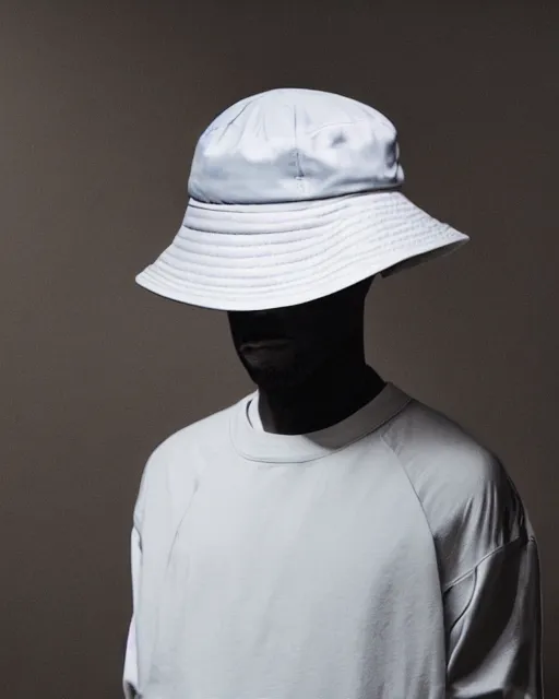 Image similar to Yeezy designed bucket hat, model, studio photography, clothing drop, unreleased, Yzy, YZY GAP, Balenciaga, minimalist, dystopian feel