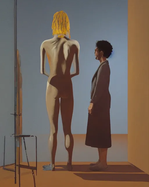 Prompt: man and woman, in the void, by the mirror, station, james gillard, zdislav bexinski, high detail alex colville, otto mueller, jean - michel basquiat, stephen conroy, andrea couch, andrew newell wyeth, daniel meidman yussi picho octane rendering