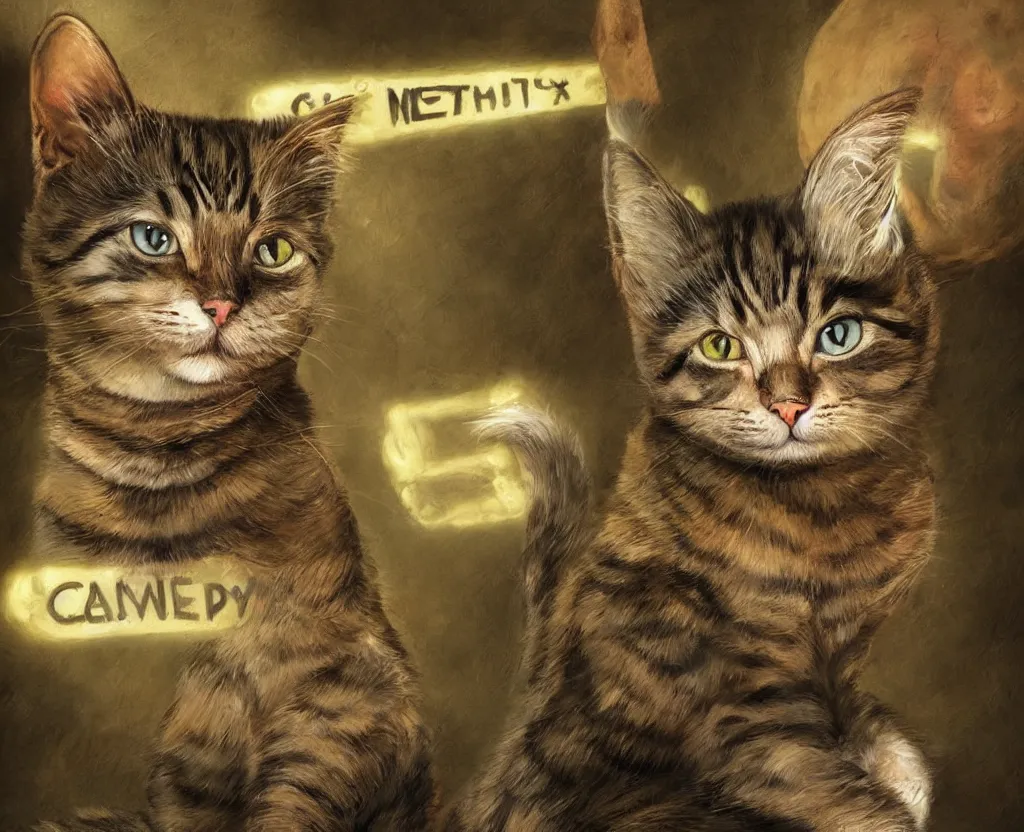 Prompt: cartoon cat with a sign, photorealistic, high light, epic lighting, glow, high detailed, 4 k resolution by augustus edwin mulready