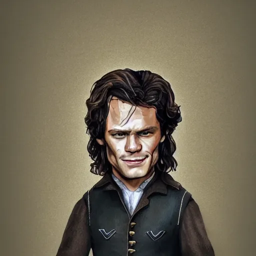 Image similar to Sam Heughan as Jamie Fraser, caricature portrait exaggerated by Sebastian Krüger and Bruno Tesse trending on artstation, hyperdetailed, funny , humor, perfect composition. Scotland background