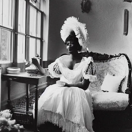 Prompt: fantasy, glow, shimmer, beautiful black victorian woman in a long white frilly lace dress and a large white hat, cow hoof feet, having tea in a sunroom