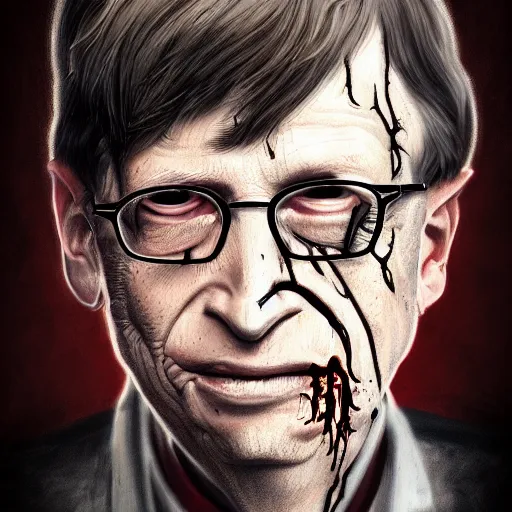 Image similar to a zombie Bill Gates, by WLOP, horror, wounds, bloody, dark fantasy, trending on artstation