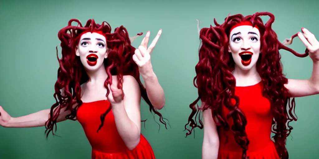 Image similar to camcorder video of young woman as medusa as miranda sings, multiple poses, 6 4 0 x 4 8 0 low resolution video