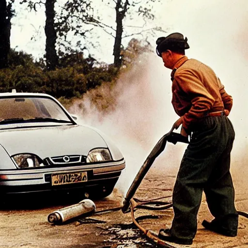 Prompt: hitler using an angle grinder, removing rust from a toyota mr 2