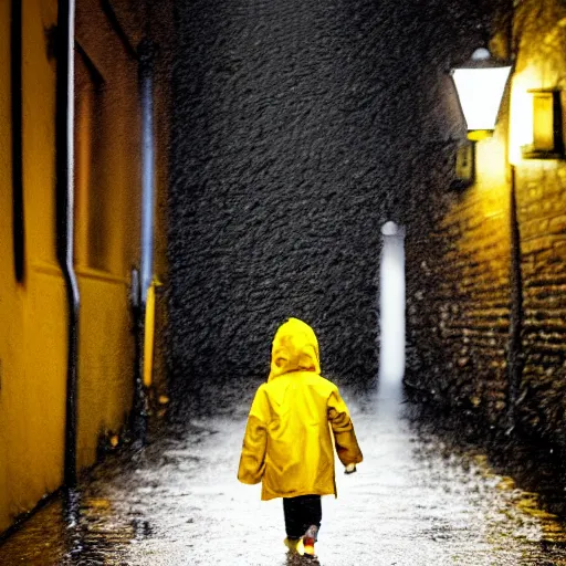 Prompt: A small child wearing a yellow rain coat walking alone in a dark alley,it is raining heavily, scary atmosphere,gloomy lighting, painting , highly detailed , high contrast, beautiful lighting, award winning , trending on art station, 8k, photo realistic