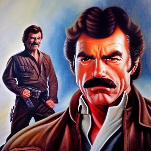 Image similar to ultra realistic portrait painting of tom selleck as han solo, art by frank frazetta, 4 k, ultra realistic, highly detailed, epic lighting