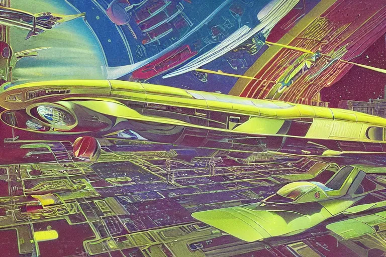 Prompt: elegant spaceship cruising between plants, fluid, smooth, bright saturated colours, high contrast, sharpness, very detailed, intricate, by angus mckie, colin hay, stewart cowley, john berkey